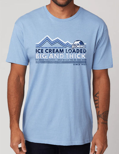 Man in Pastel Blue T-Shirt with Retro Klondike Design & Lyrics of Old Jingle