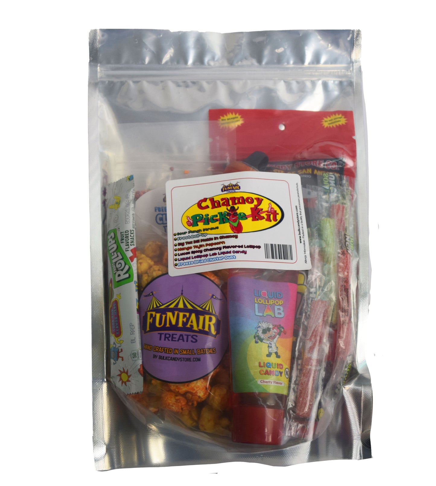 Chamoy Pickle Kit Contents Inlcuding Chamoy Pickle, Mango Tajin Popcorn, Sour Punch Straws, Freeze Dried Cluster Dust, Leucas Mucas Fuego Powder, Liquid Lollipop, and Fruit Rollup.