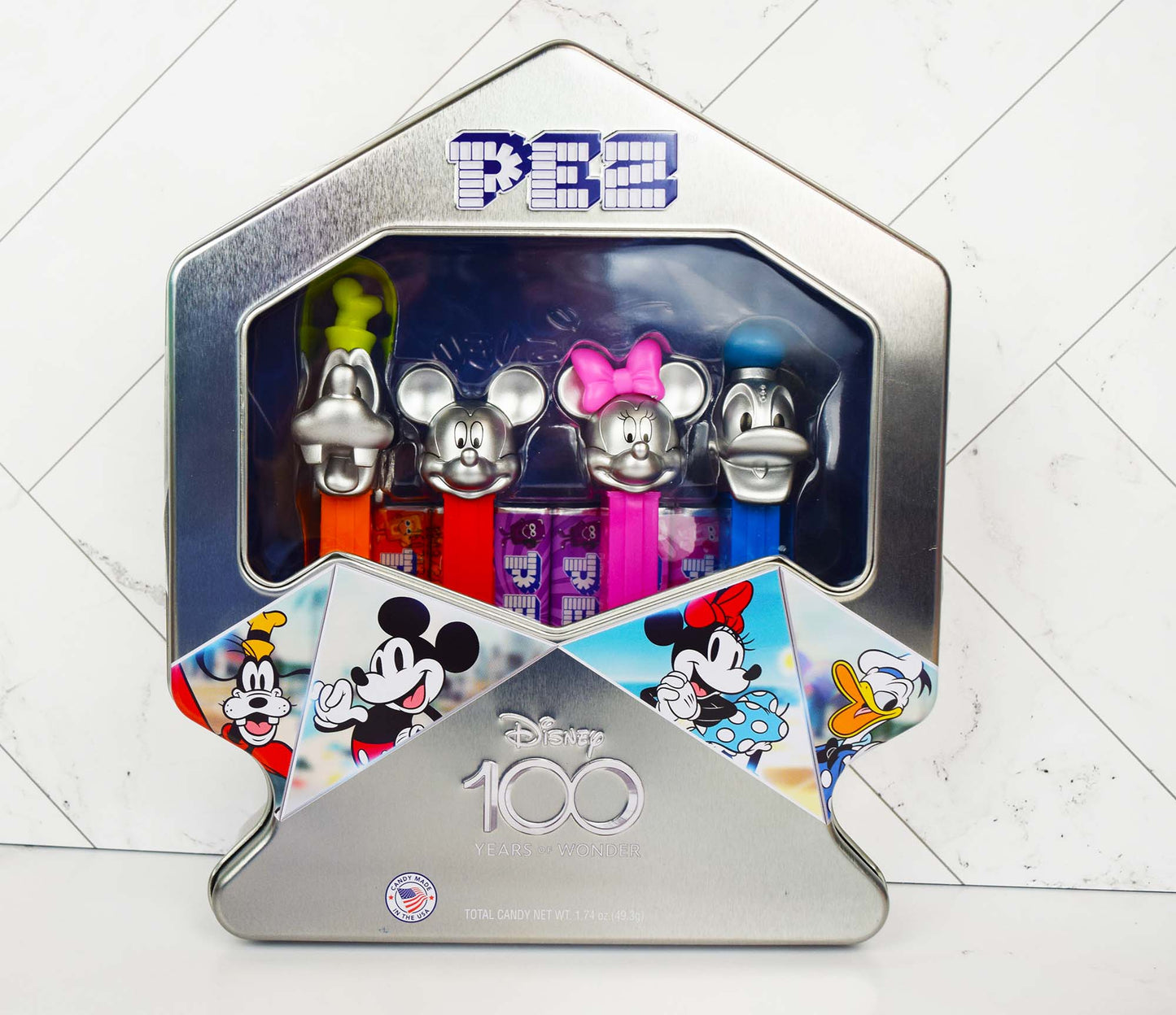 Pez Disney 100 Anniversary Gift Set with Silver Goofy, Mickey Mouse, Minnie Mouse, and Donald Duck