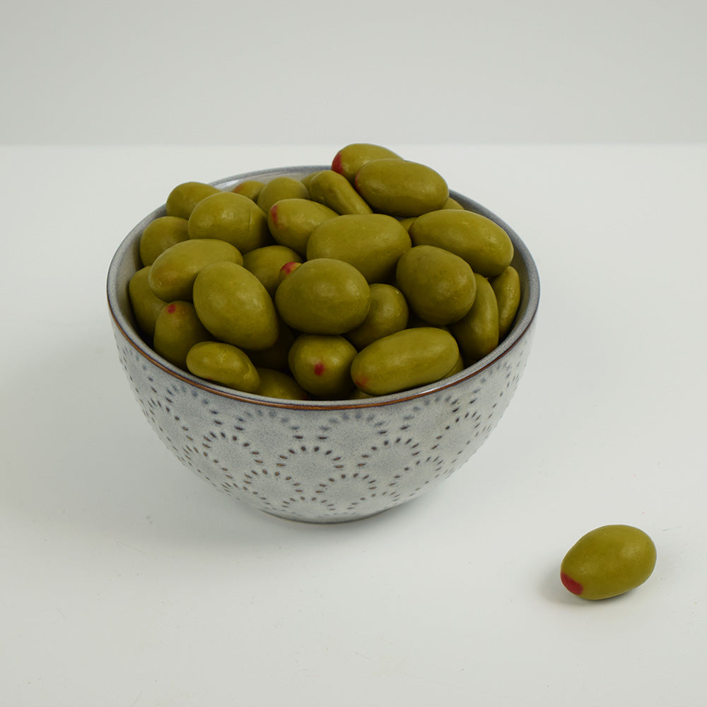 Bowl of Olive Shaped Chocolate Covered Almonds