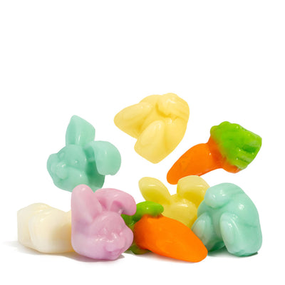 Albanese Cotton Tail Gummies, including shapes of bunny heads, tails, and carrots gummies