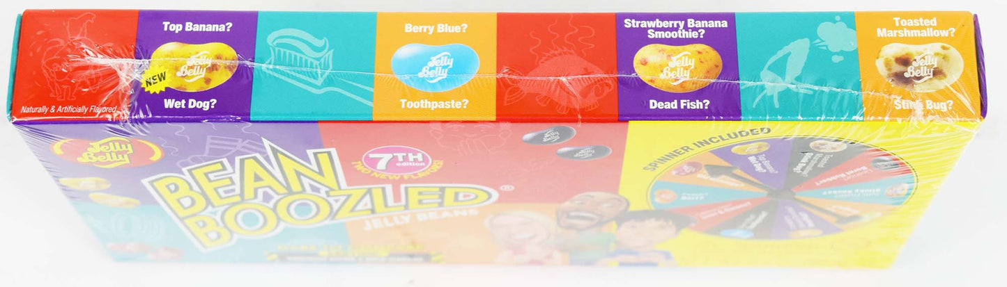 Side of Bean Boozled 7th Edition Box - Showing Flavors Including Top Banana or Wet Dog, Berry Blue or Toothpaste, Strawberry Banana Smoothie or Dead Fish, and Toasted Marshmallow or Stink Bug