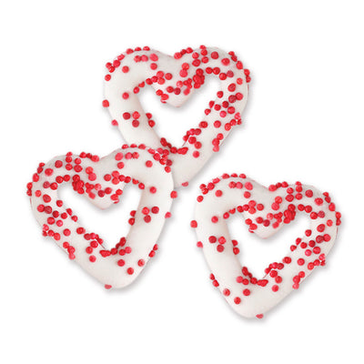 White Yogurt Covered Pretzel Hearts with Red Nonpareil Sprinkles Valentine's Day Candy 1 lb Bag