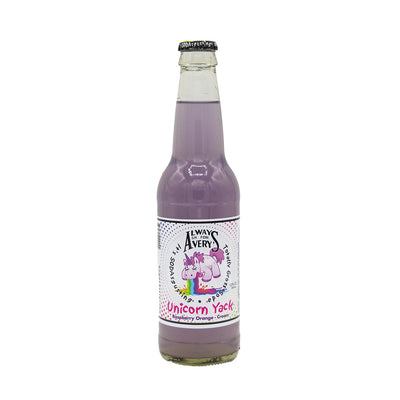 Bottle of Unicorn Yack Raspberry Orange soda