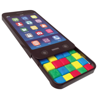 Cell Phone-Shaped Candy Tin with Rainbow Square Candies Inside