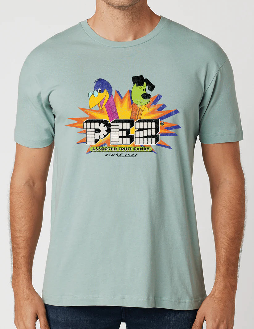 Man in Baby Blue T-Shirt with Retro Pez Design