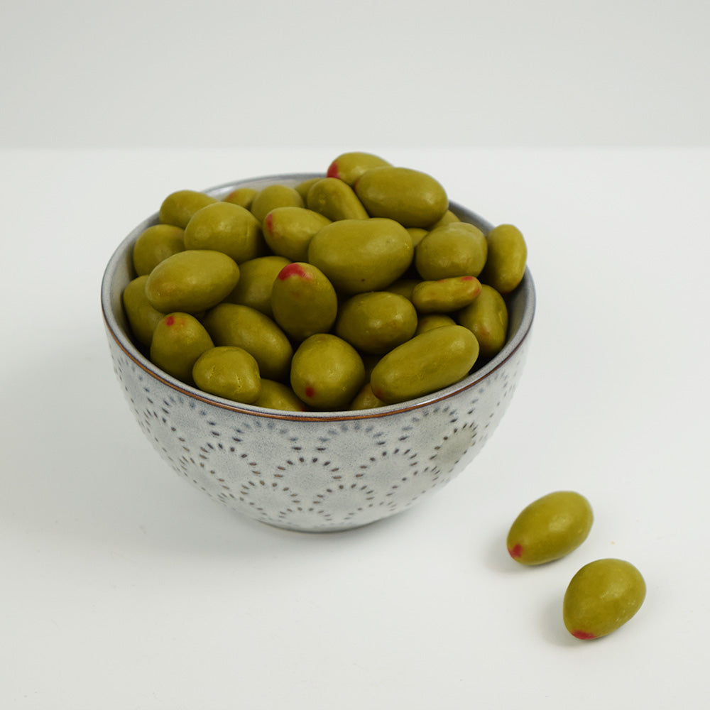 Bowl of Olive Shaped Chocolate Covered Almonds 