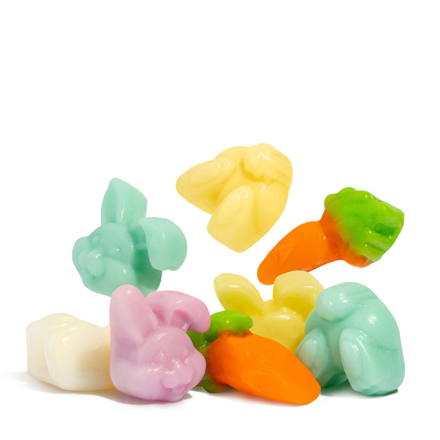 Albanese Cotton Tail Gummies, including shapes of bunny heads, tails, and carrots gummies 