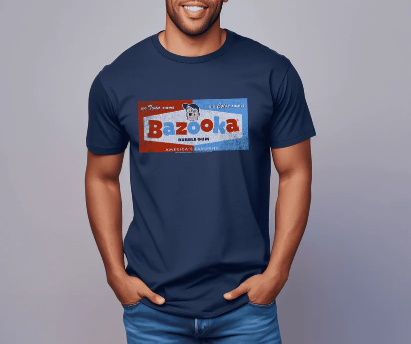 Man in Navy Blue T-Shirt with Bazooka Big Twin Chews Logo