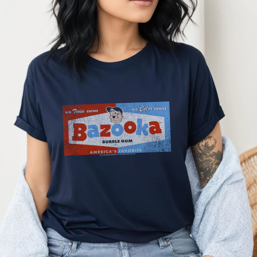 Woman in Navy Blue T-Shirt with Bazooka Big Twin Chews Logo