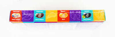 Side of Bean Boozled 7th Edition Box - Showing Flavors Including Tutti-Fruitti or Stinky Socks, Cappuccino or Liver & Onions, Peach or Barf, and Licorice or Burnt Ruber