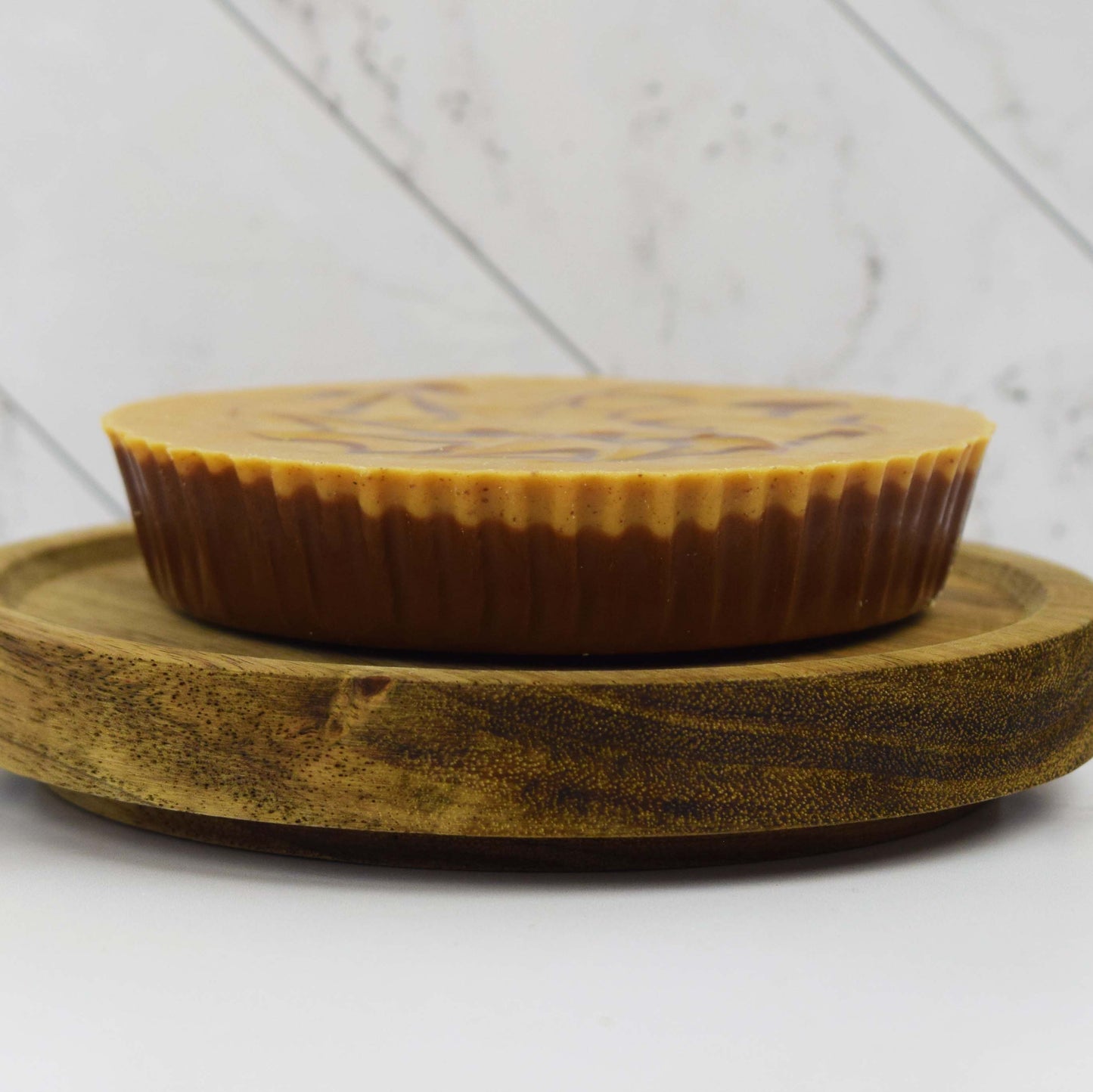 Side View of Big Peanut Butter Lover's Cup on Wooden Serving Dish