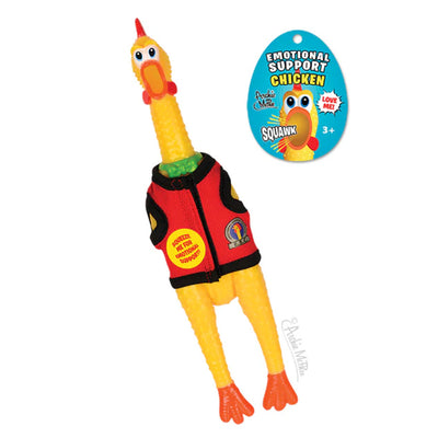 Toy chicken with a life jacket and packaging labeled 'Emotional Support Chicken' on a white background.
