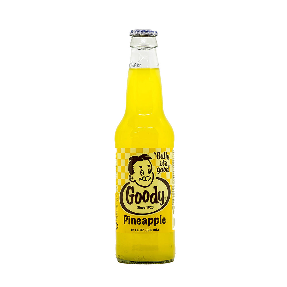 Yellow bottle of Goody Pineapple soda on a white background