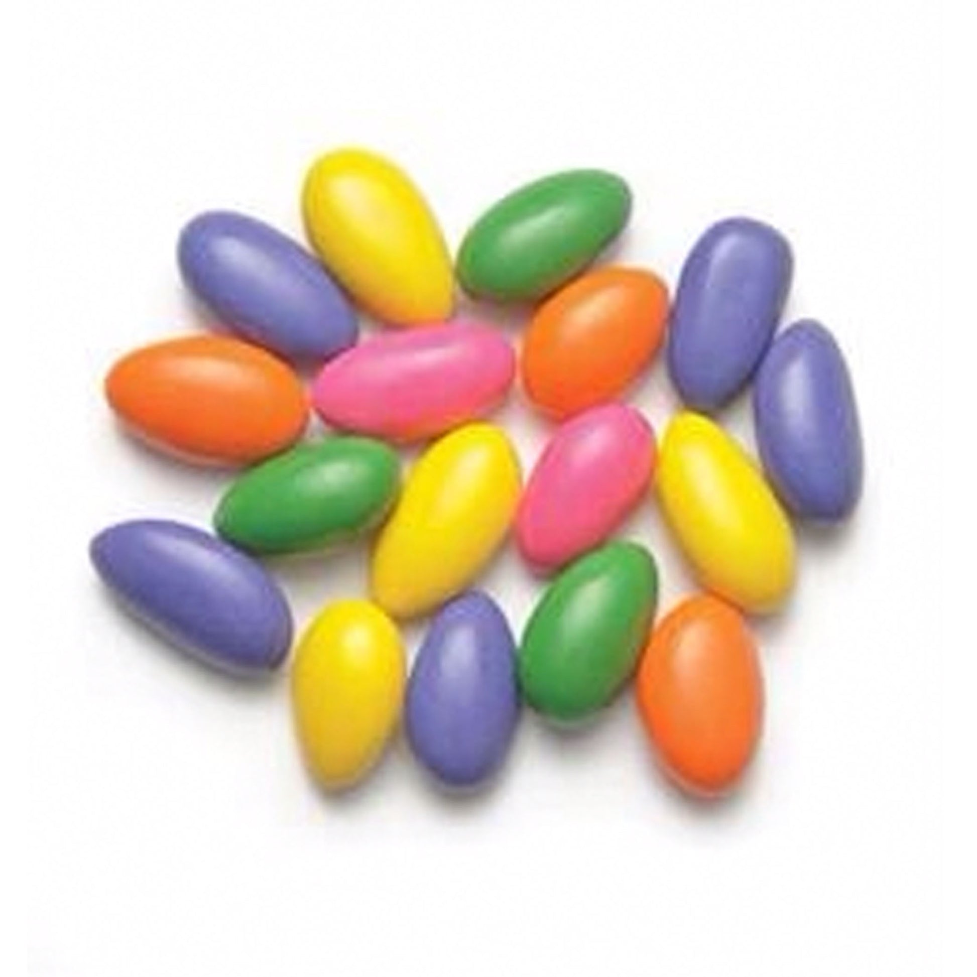 A variety of colorful Jordan almonds, with reduced sugar