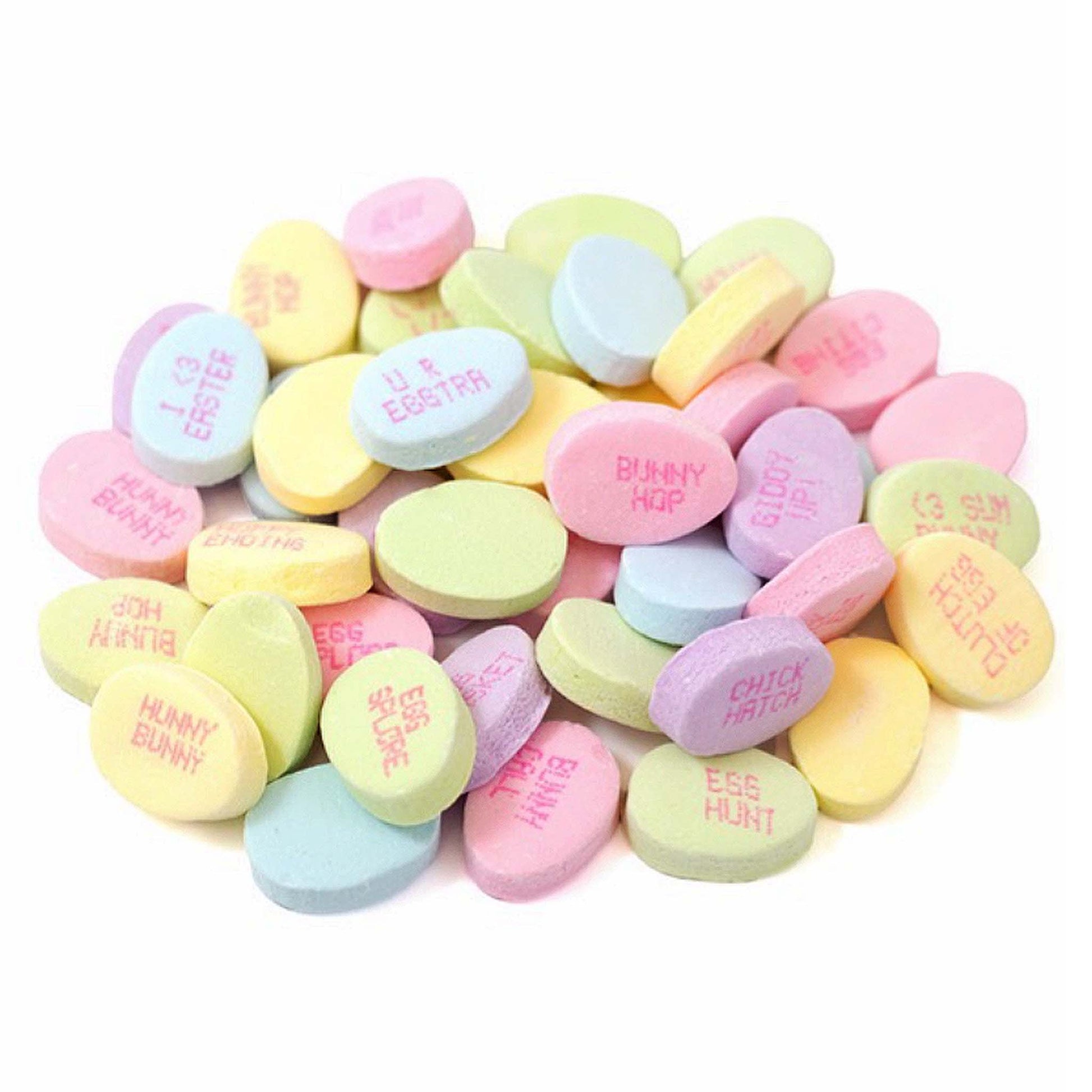 A collection of colorful conversation eggs candy with various Easter-themed 