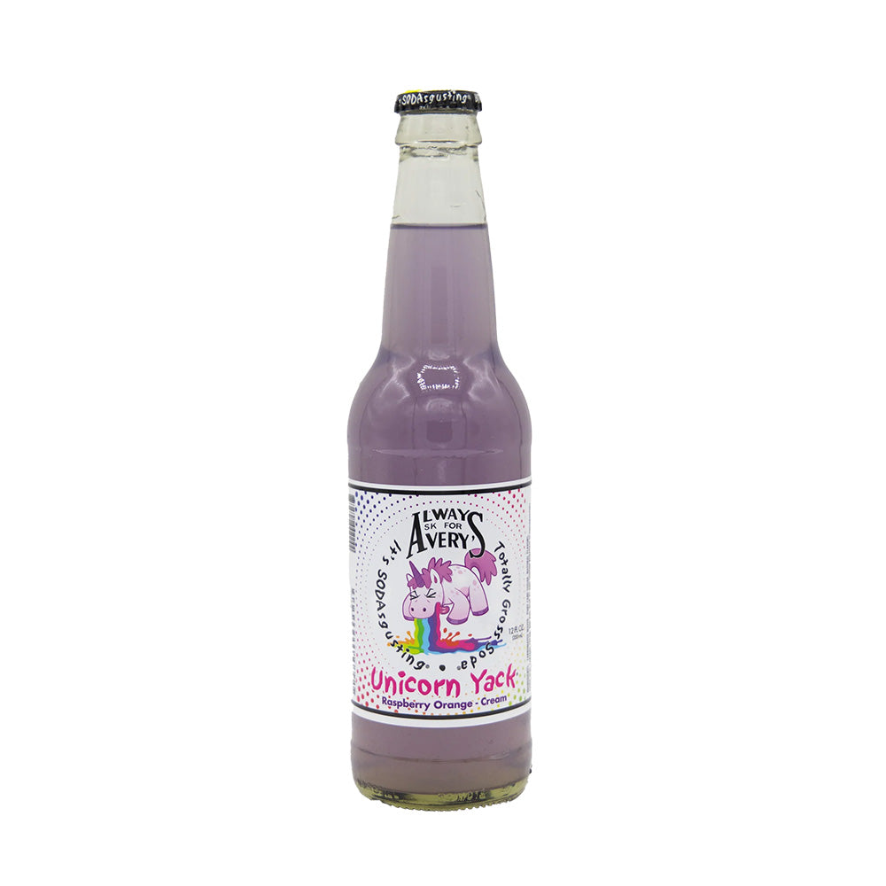Bottle of Unicorn Yack Raspberry Orange soda 